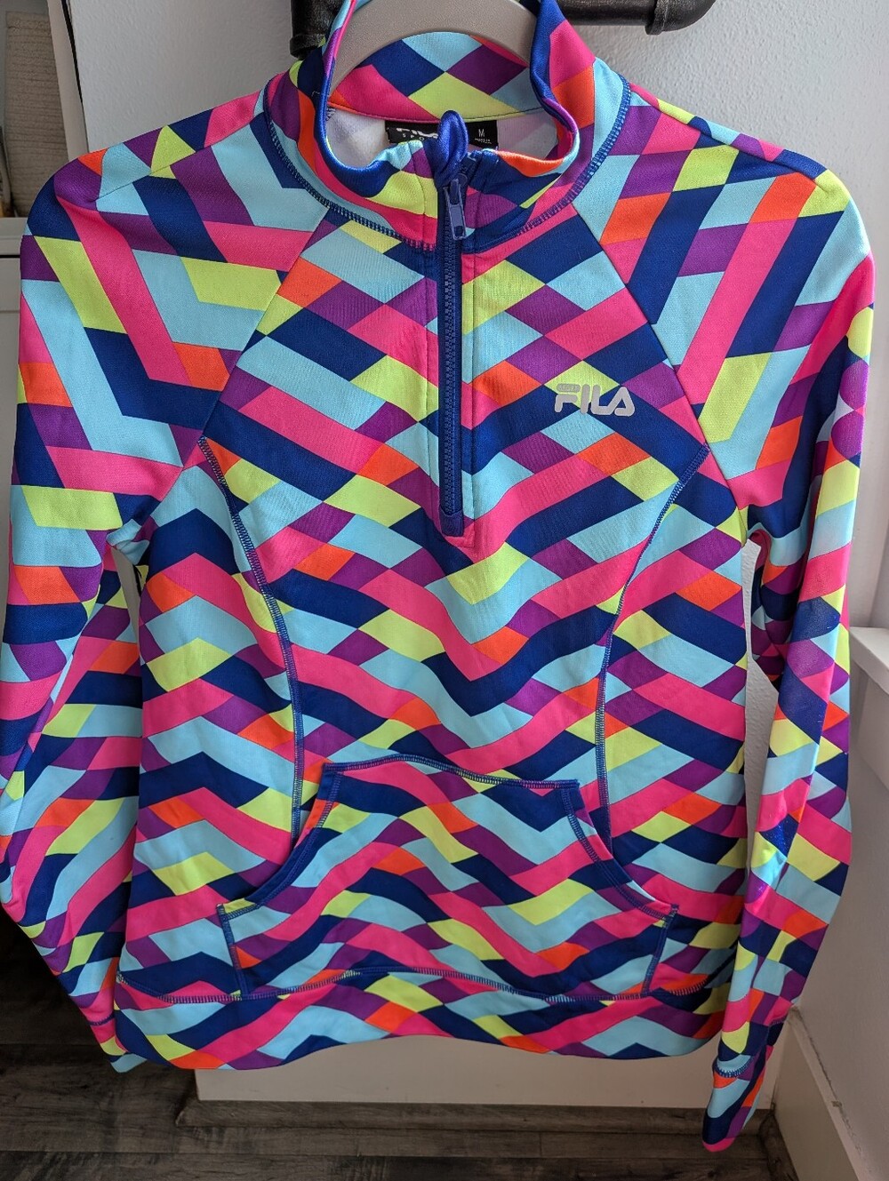 FILA Sport Retro Geometric 1/4 Zip Fleece Pullover Kangaroo Pocket Colorful M